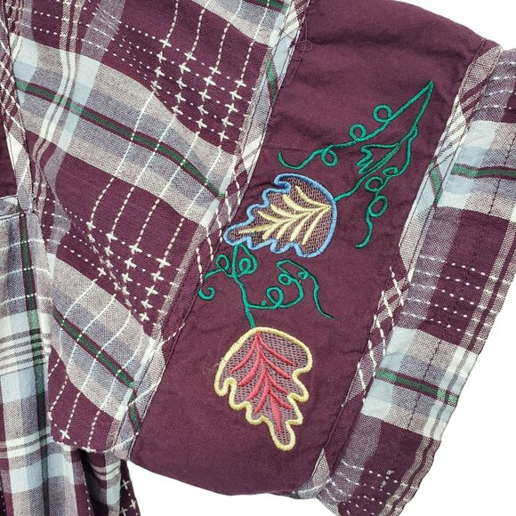 Vintage National Burgundy Plaid Embroidered Fall Leaf Dress Boho Teacher Outfit - Picture 9 of 12